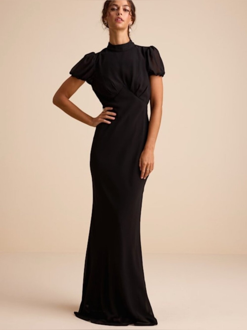 Lulus Langley size S Elegant Black High-Neck Maxi Dress with Puff Sleeves - Picture 2 of 3